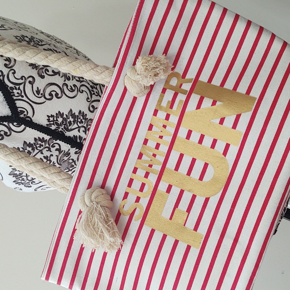 "Summer Fun" Red & White Stripe Canvas Cooler Tote Bag